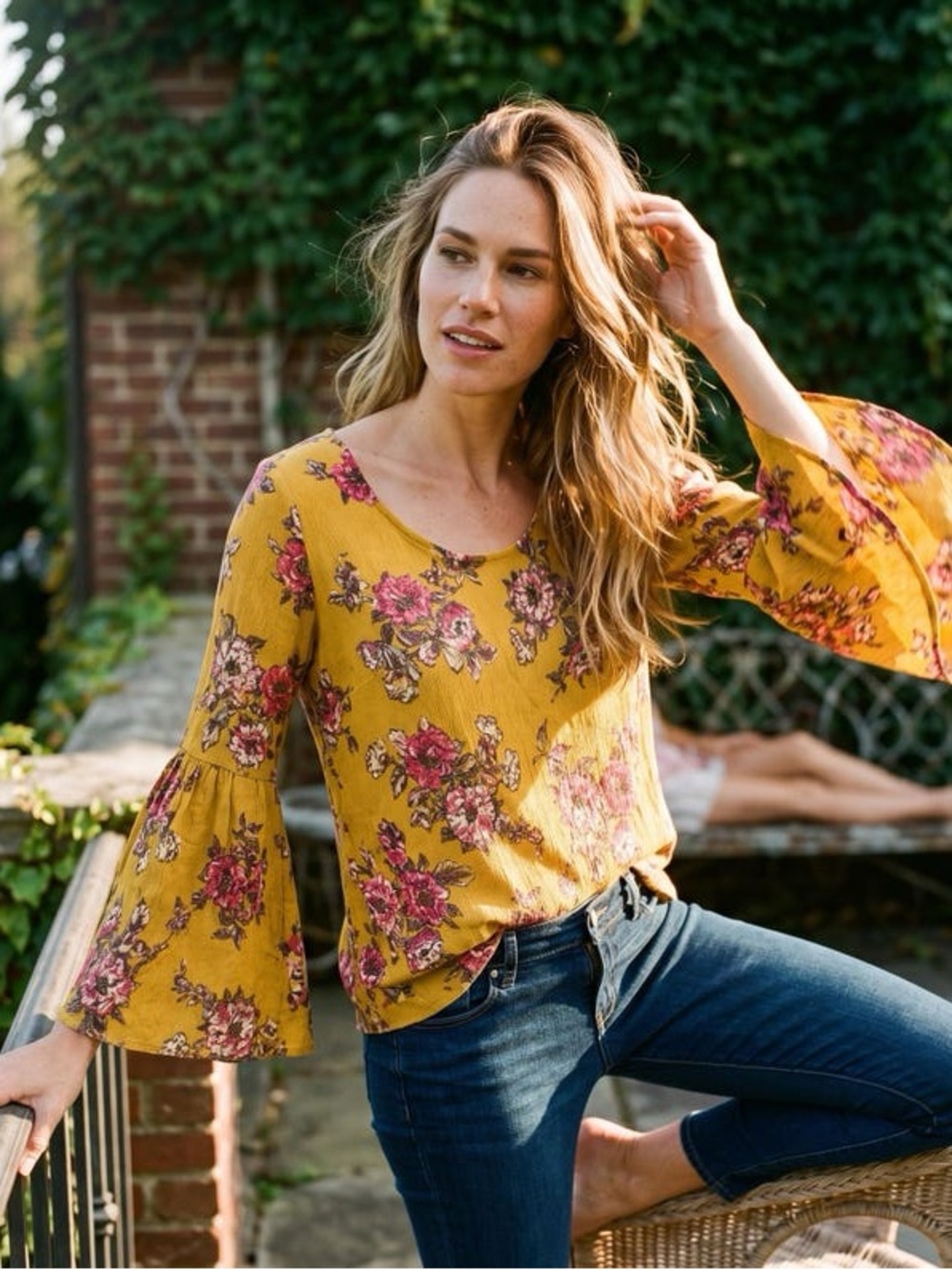 Women’s Mustard Floral 3/4 Bell-Sleeve Tunic Top Flowy Crepe Boho Fairy 1X Plus